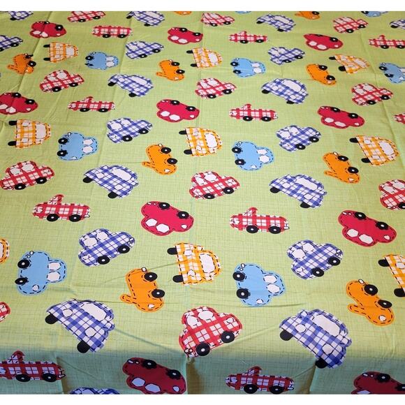 Cotton Fabric Plaid Cars Green Background Kids Quilt 51" x 44" Joann Blue Red - Picture 1 of 6